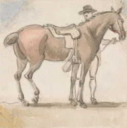 Un hombre y un caballo ensillado